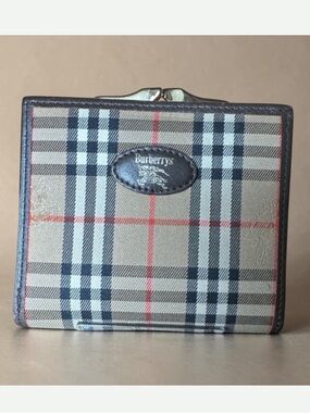Burberrys Beige Plaid Coin Wallet with Red and Black Accents